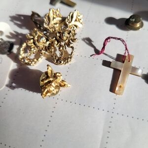 Gold Clip-On Earrings Cherub Pin, Mother Of Pearl Cross